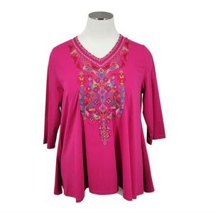Calessa Cotton Embroidered Pink Women's Plus Size Top Boho Tunic Tee